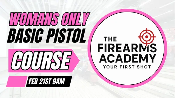 Promotional graphic for The Firearms Academy women's-only Basic Pistol course